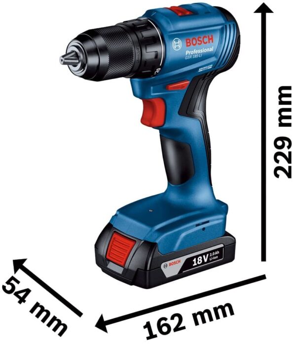 Bosch Professional GSR 185-Li Cordless Drill Driver, 50 Nm, 13mm Chuck, Brushless Motor with 2 x GBA 18V 2.0Ah Battery, 1 x GAL 18V-40 Charger & Carrying Case - Image 3