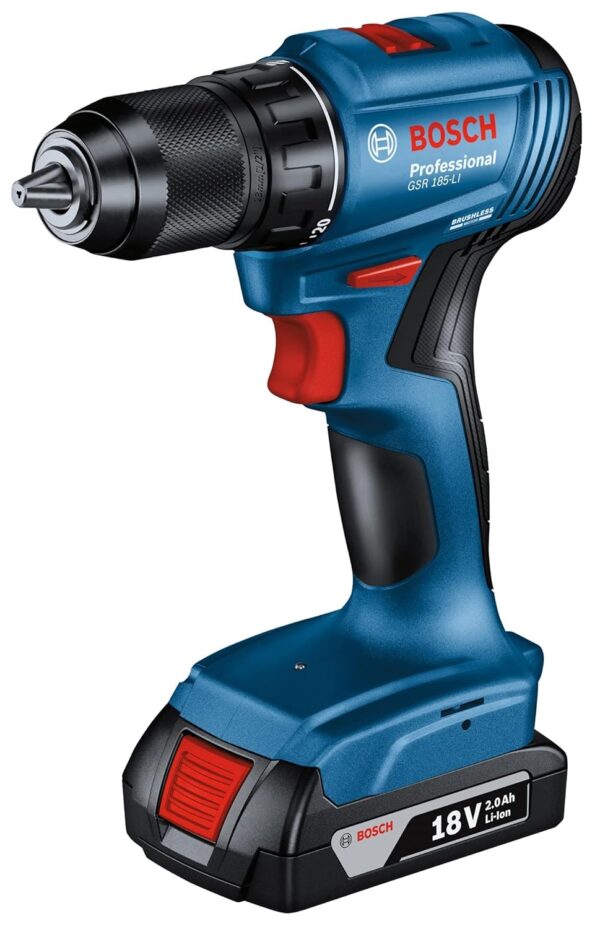 Bosch Professional GSR 185-Li Cordless Drill Driver, 50 Nm, 13mm Chuck, Brushless Motor with 2 x GBA 18V 2.0Ah Battery, 1 x GAL 18V-40 Charger & Carrying Case - Image 4
