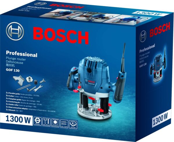 Bosch GOF 130 Corded Electric Router, 1,300W, 8 mm Bit, 28,000 rpm, 40 mm, Variable Speed, Restart Protection, Constant Speed, 3.5 kg + 8 Bosch Accessories, 1 Year Warranty - Image 5