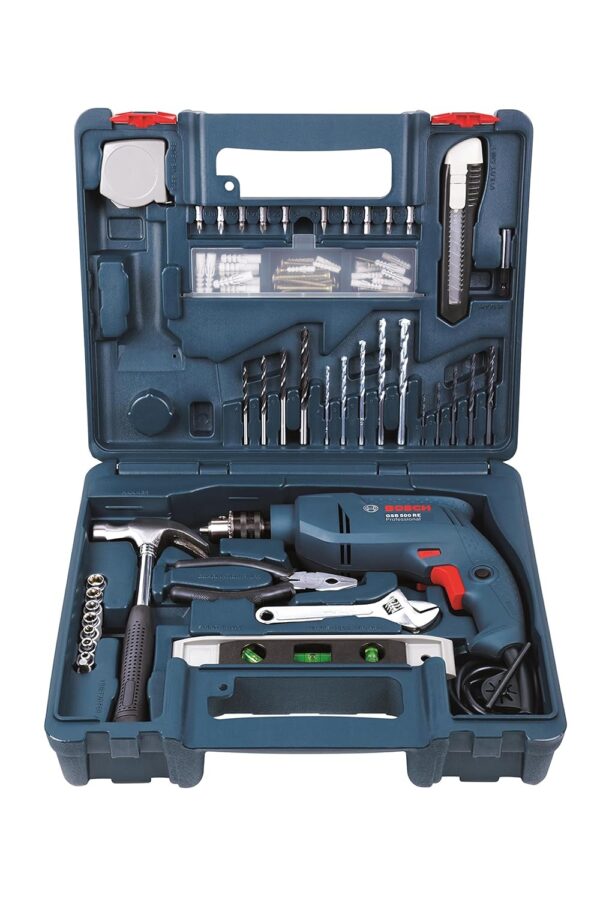 Bosch GSB 500W 500 RE Corded-Electric Drill Tool Set (Blue), 10 mm & Hand Tool Kit (Blue, 66 pieces)
