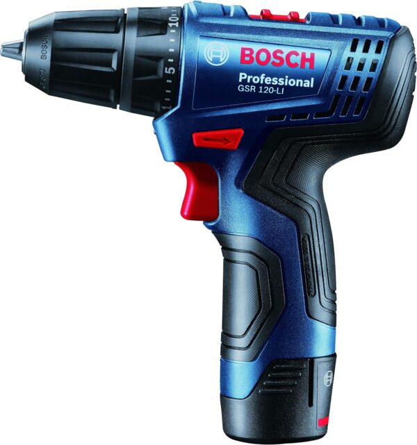 Bosch Professional GSR 120-LI Cordless Drill Driver, 12V, 10 mm Chuck with 2 x GBA 12V 2.0Ah Battery, 1 x GAL 1210 CV Charger & Carrying Case & 21 Pcs Accessories Set - Image 4